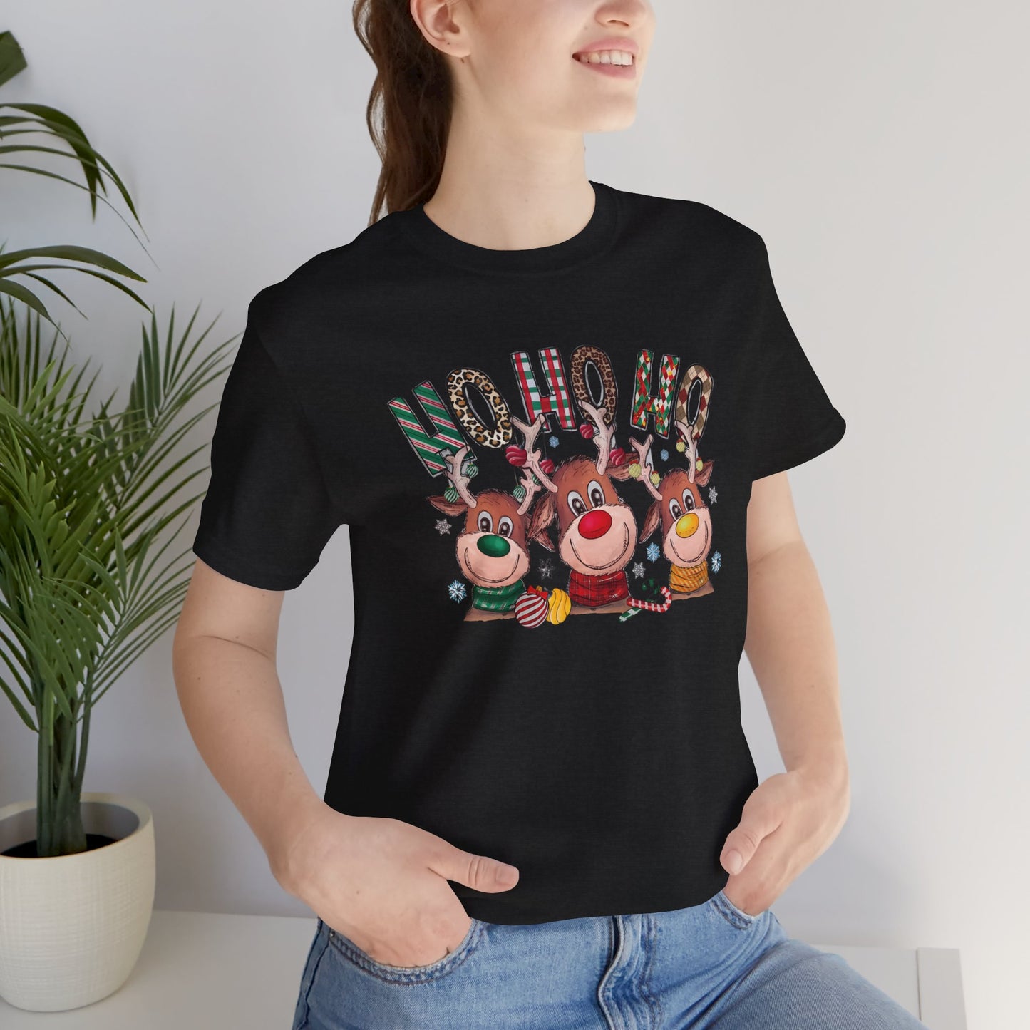 Festive Christmas Reindeer Tee - 'Ho Ho Ho' Design