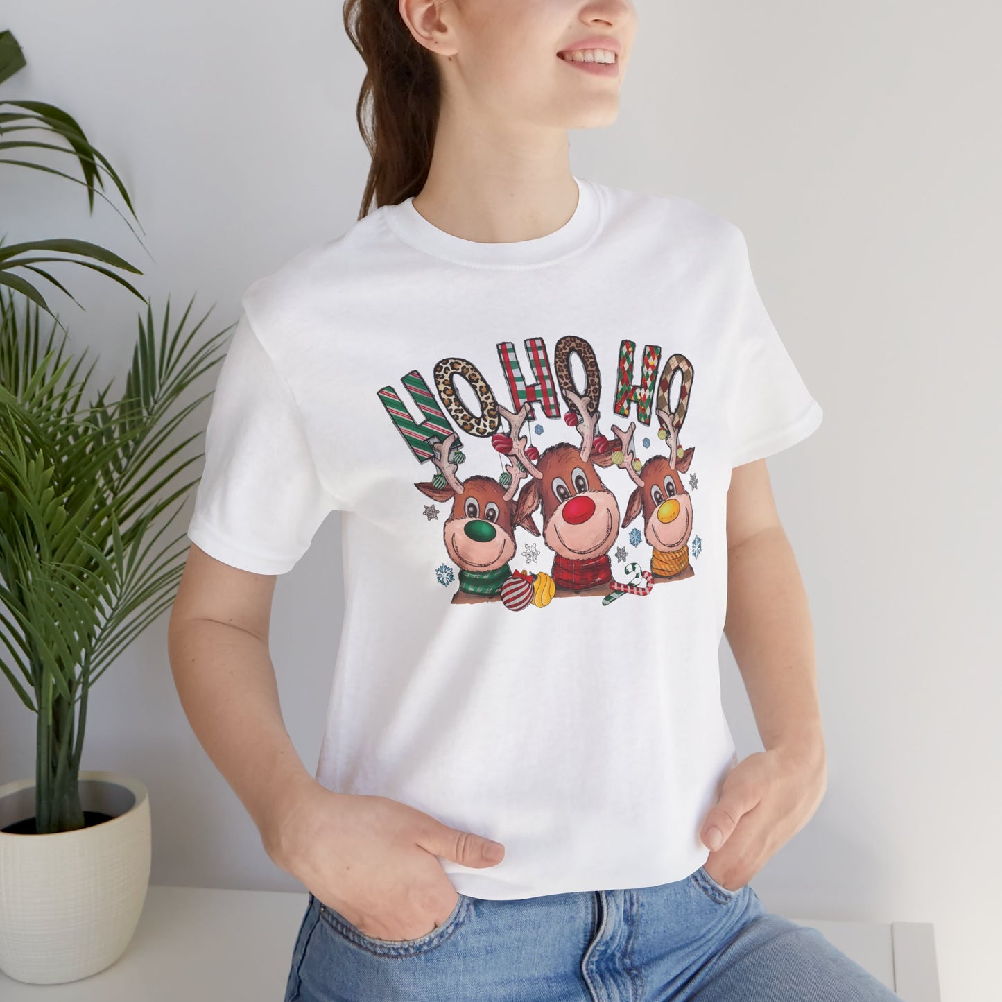 Festive Christmas Reindeer Tee - 'Ho Ho Ho' Design