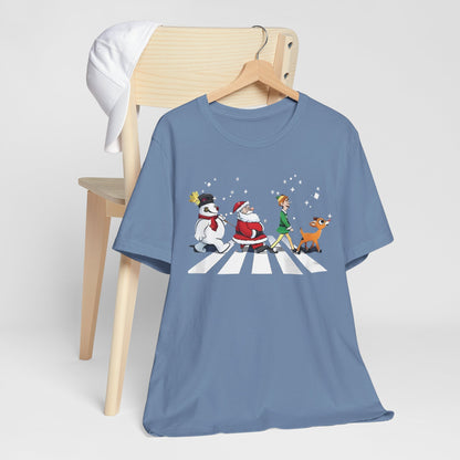 Festive Fun Unisex Jersey Tee - Holiday Characters on Abbey Road Design