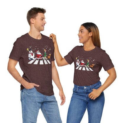 Festive Fun Unisex Jersey Tee - Holiday Characters on Abbey Road Design