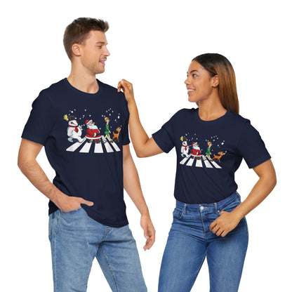 Festive Fun Unisex Jersey Tee - Holiday Characters on Abbey Road Design