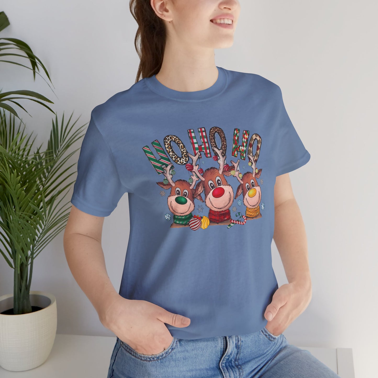 Festive Christmas Reindeer Tee - 'Ho Ho Ho' Design