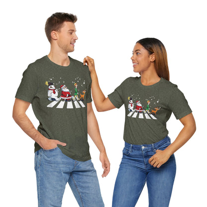 Festive Fun Unisex Jersey Tee - Holiday Characters on Abbey Road Design