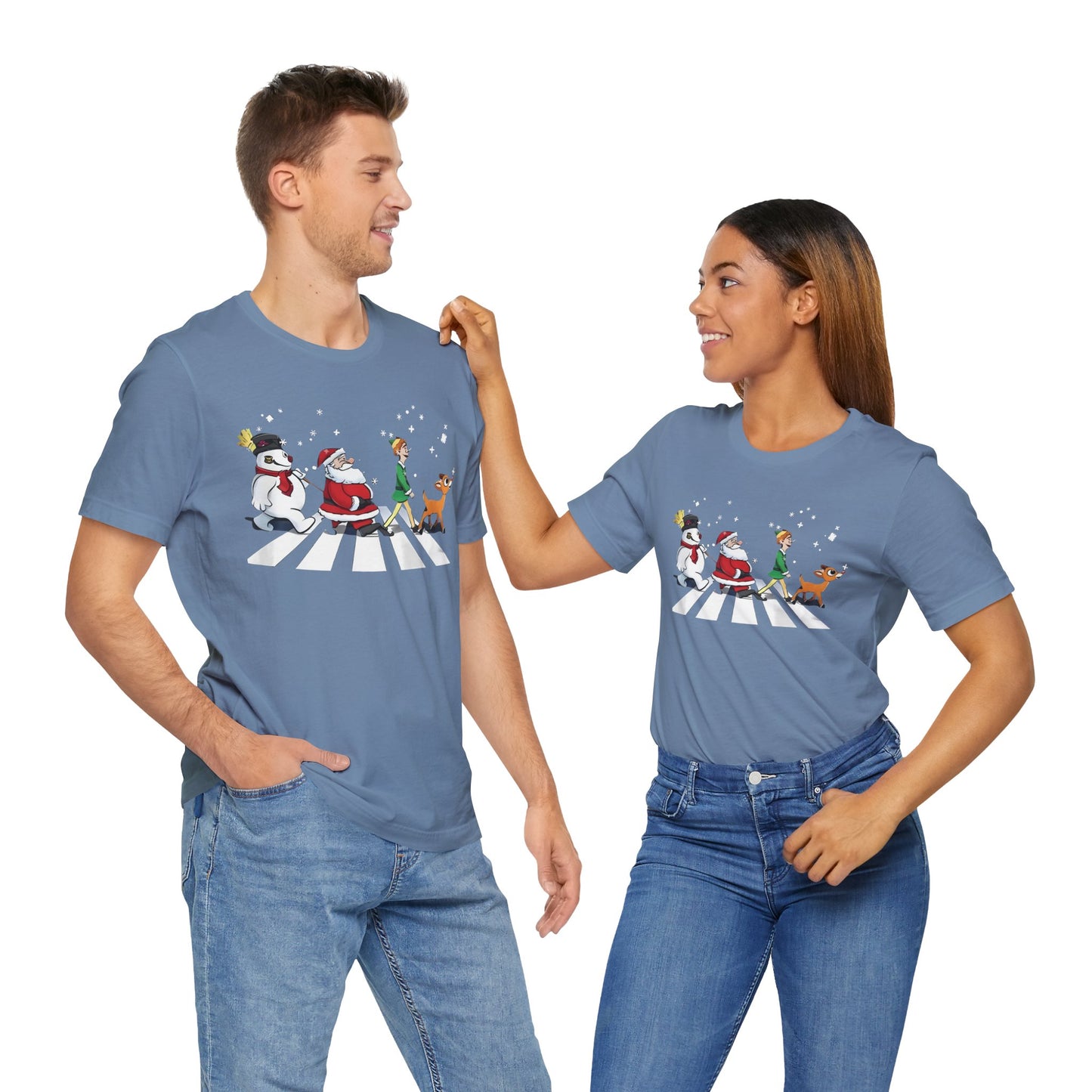 Festive Fun Unisex Jersey Tee - Holiday Characters on Abbey Road Design