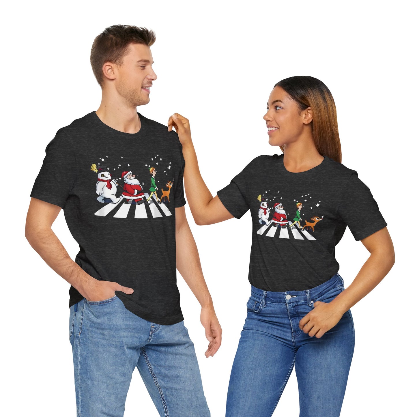 Festive Fun Unisex Jersey Tee - Holiday Characters on Abbey Road Design